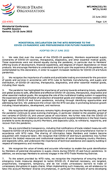 Cover to WTO Ministerial Declaration on Response to Pandemic